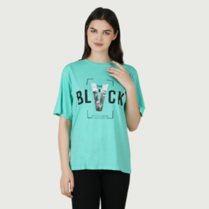 Women Printed Round Neck Cotton Cyan T-Shirt
