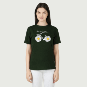 Women Printed Round Neck Cotton Dark Green T-Shirt