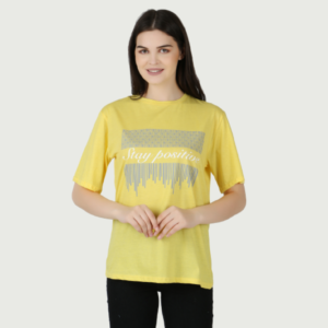 Women Printed Round Neck Cotton Stay Positive Yellow T-Shirt