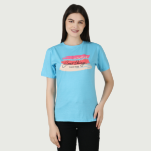 Women Printed Round Neck Cotton Sky Blue T-Shirt