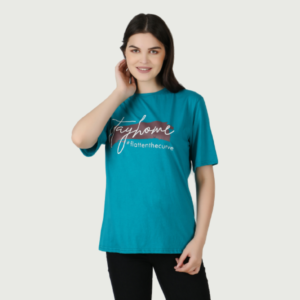 Women Printed Round Neck Cotton Blend Blue T-Shirt