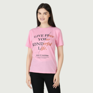 Women Printed Round Neck Cotton Blend Pink T-Shirt