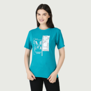 Women Printed Round Neck Cotton Bluish Cyan T-Shirt