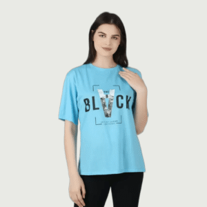 Women Printed Round Neck Cotton Blend Light Blue T-Shirt