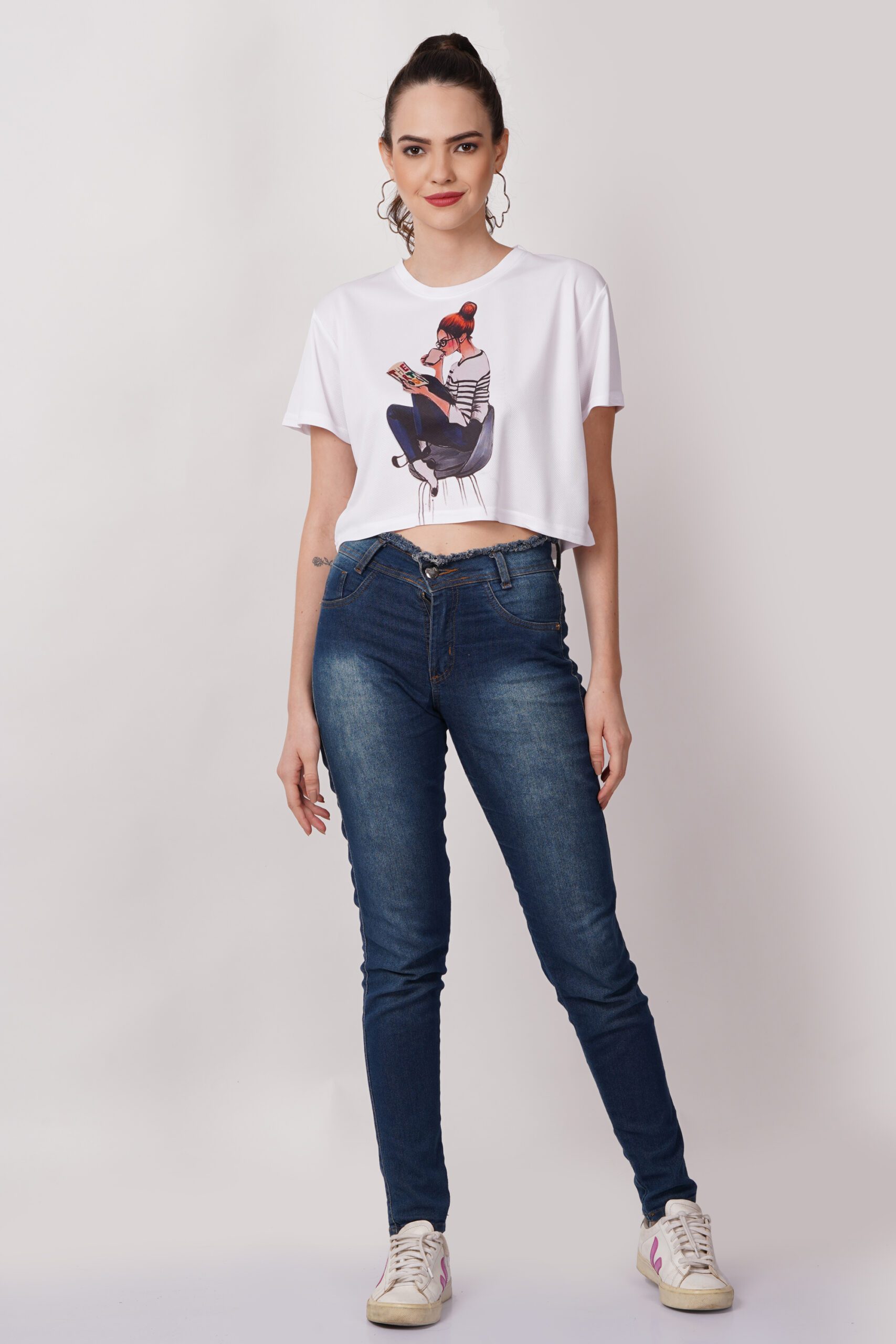 Women Ribbed Crew Neck Printed White Tshirt - Image 2
