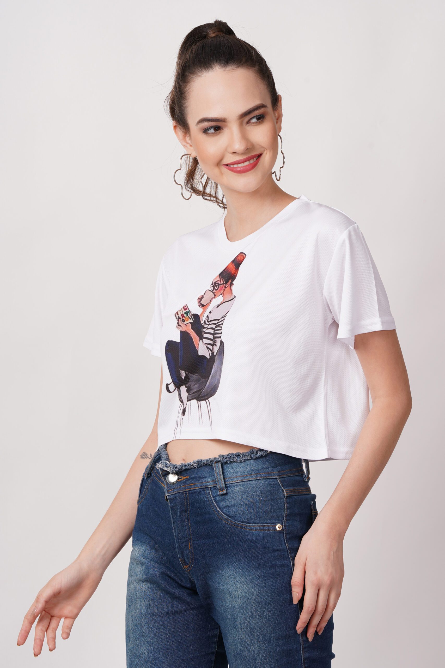 Women Ribbed Crew Neck Printed White Tshirt - Image 4