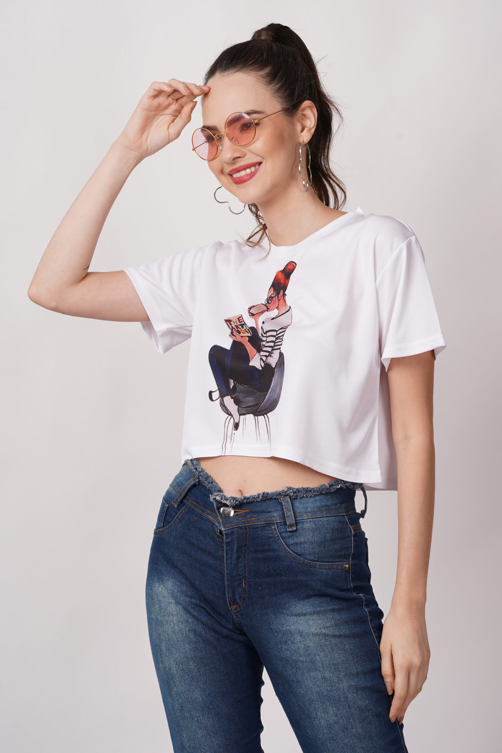 Women Ribbed Crew Neck Printed White Tshirt - Image 8
