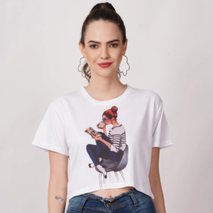 Women Ribbed Crew Neck Printed White Tshirt
